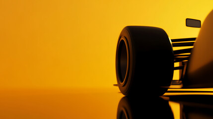 Fototapeta premium Close-up shot of a Formula 1 race car tire against a golden backdrop. The reflection on the glossy surface adds depth and highlights the car's sleek design.