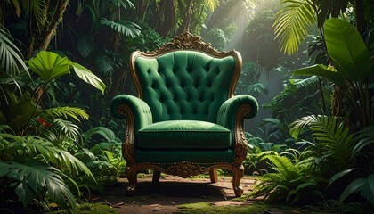 Elegant Green Velvet Armchair Placed Amidst Lush Jungle Foliage
