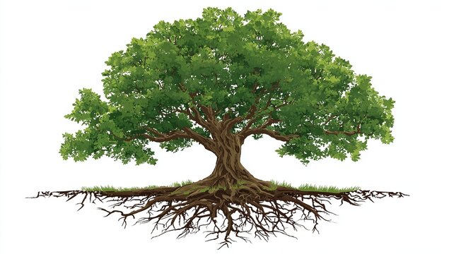 A detailed vector illustration of a mature oak tree with extensive visible roots and green foliage on a white background