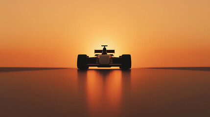 A sleek race car poised against a fiery sunset, capturing the essence of speed and competition under the horizon, pushing the limits of both machine and sport.