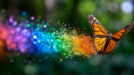 Vibrant monarch butterfly leaving magical rainbow trail behind, defocused chromatic flight path, colorful transformation, prismatic journey, spectrum migration visualization, with 
