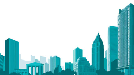 Clean graphic vector illustration of a modern city skyline silhouette with diverse architecture and tall buildings, ample copy space.