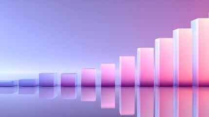 Abstract gradient 3D bar graph demonstrating growth trends with vibrant hues and a reflective surface in a contemporary digital art style