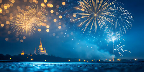 Fireworks over City Skyline at Night Celebration