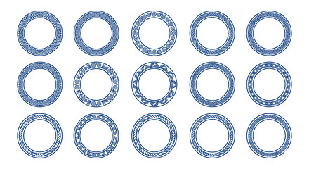 set of blue ornamental circular frames on transparent background