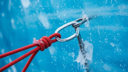 A close-up shot of a red climbing rope secured to a metal carabiner and an ice screw embedded in a blue ice wall, showing a secure anchor.