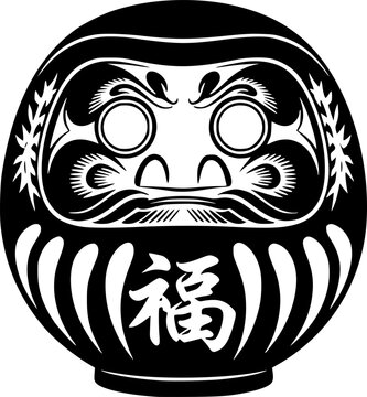 Traditional Japanese Daruma Doll Woodcut Illustration in Black a
