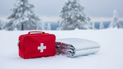 A red first aid kit and an emergency blanket are placed on the snow in a winter landscape with snow-covered trees.