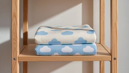 cloud-patterned baby blanket, cotton material, ivory and sky blue tones, folded neatly on a wooden shelf, morning sunlight, soft shadows