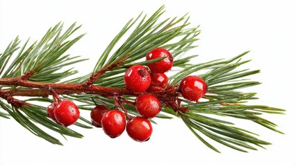 Christmas pine branch with bright red winter berries covered in glistening water drops, isolated close-up on pure white background. Holiday decoration element.
