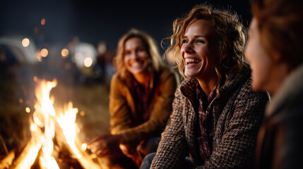Friends sitting around campfire at night, talking and laughing, firelight on faces, outdoor retreat, disconnected lifestyle, cinematic warmth, copy space, unplugged concept