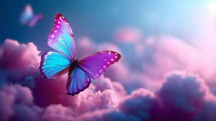 Vibrant butterfly transformation emerges from soft pink clouds symbolizing change and new beginnings in dreamlike artistic scene, defocused ethereal metamorphosis, celestial evolut