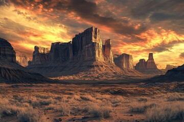 Naklejka premium Stunning sunset casts vibrant colors over rocky landscape in a desert setting