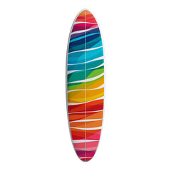 Modern surfboard featuring a vibrant rainbow spectrum pattern, isolated graphic illustration for summer beach and water sports