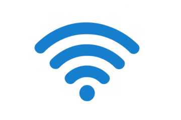 Blue wi-fi signal icon indicating wireless network connection and internet access on a transparent background