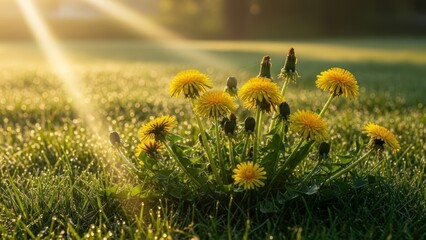 Golden hour illuminates vibrant dandelions blooming in lush green grass, creating a serene and picturesque spring meadow scene with warm sun rays