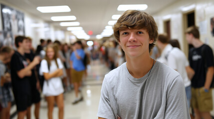 Faceless teenage boy standing alone in lively school hallway, reflecting isolation among crowd of cheerful classmates, defocused students in background, social dynamics, with copy
