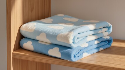 cloud-patterned baby blanket, cotton material, ivory and sky blue tones, folded neatly on a wooden shelf, morning sunlight, soft shadows