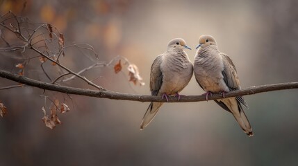 Obraz premium Two cute doves perched closely on a branch in a serene natural setting, showcasing bonding and companionship in an enchanting outdoor environment