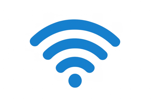 Blue wi-fi signal icon indicating wireless network connection and internet access on a transparent background - Powered by Adobe