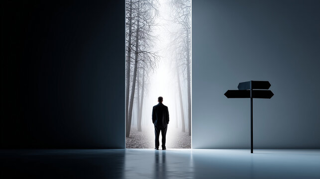 A sharp, clean image of a human shadow split into two directions on a wall: one leads toward a dark forest, the other toward a glowing open door. A signpost beside the person has u