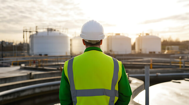 An engineer surveys the facility, his white hardhat and yellow vest a beacon of safety. The storage tanks stand sentinel against a warm, sunset-tinged sky. - Powered by Adobe