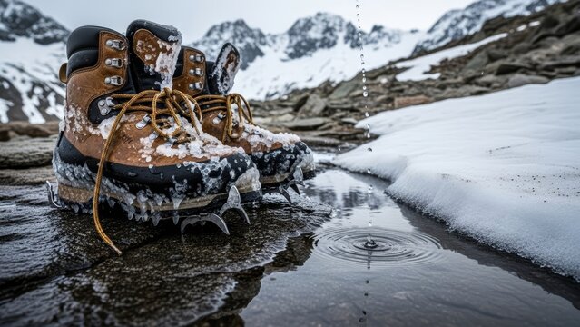 Brown hiking boots covered in ice and snow, standing in a cold mountain stream with rocky peaks in the background. - Powered by Adobe