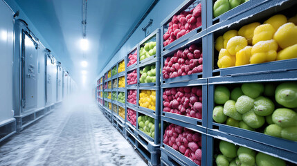 A cold-chain warehouse photograph of palletized produce in a chilled room with visible breath and frost, straight verticals and zero distortion, blue hour interior,