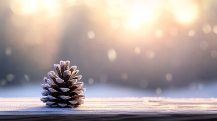 Minimalist Winter Composition with Single Frosted Pinecone and Copy Space