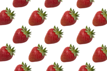 A repeating pattern of fresh red strawberries with green stems on a clean white background, perfect for culinary or design themes.