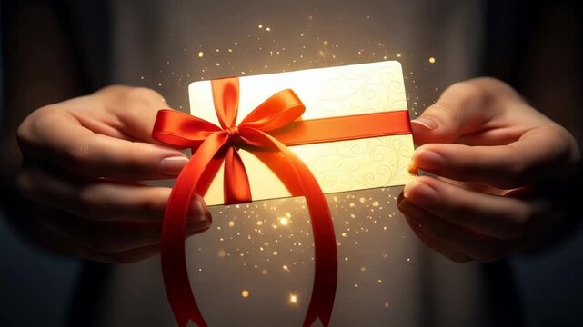 Woman hands holding glowing gold gift card with red ribbon in dark background, a magical present concept for special occasion.