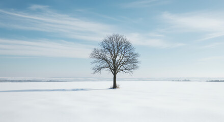 bare tree in a snowy field under blue sky
