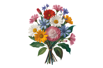 A vibrant and colorful bouquet of various wildflowers including daisies, cornflowers, and other blossoms, tied together with a string, on a white background.