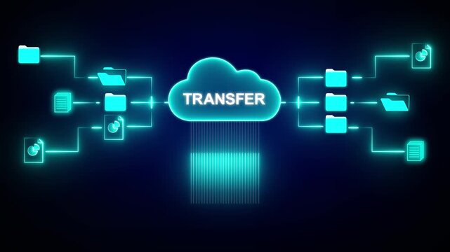 Cloud data transfer network with files and folders connected to a central cloud labeled TRANSFER
