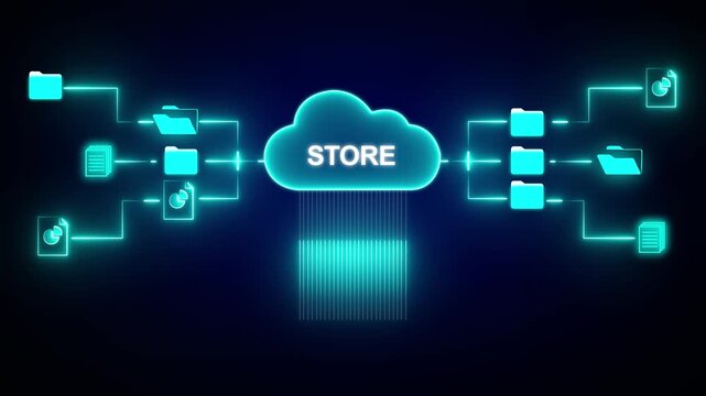 Cloud data storage network with files and folders connected to a central cloud labeled STORE cloud computing