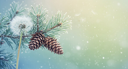 dandelion seed head and pine cone on evergreen branch in snowfall