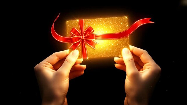 Woman hand presenting golden gift card with sparkling red ribbon. Magical celebration for discount event.