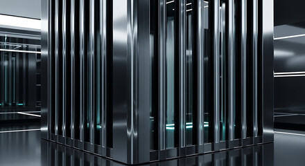Close-up view of a sleek, modern metallic structure with vertical slats and blue accents in a dark room with reflective floor.