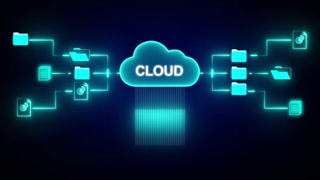 Cloud Storage Network with Text Label and Folders on Dark Blue Background cloud computing digital