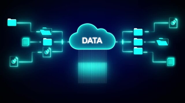 Cloud Data Network with Folders on Dark Blue Background. cloud computing storage