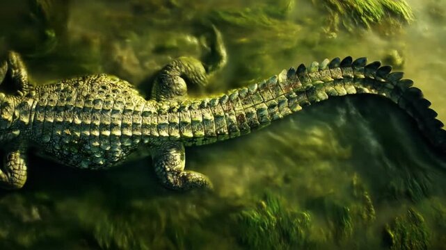 Overhead view of a formidable reptile (alligator or crocodile) partially submerged in murky green swamp water with aquatic plants.
