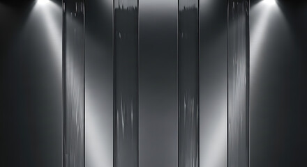 Close-up view of a dimly lit metallic wall with multiple vertical panels and spotlights shining down, creating a dramatic ambiance with dark tones.