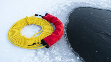 A bright yellow rescue rope with a red protective sleeve lies coiled on the snow next to a dark hole in the ice.