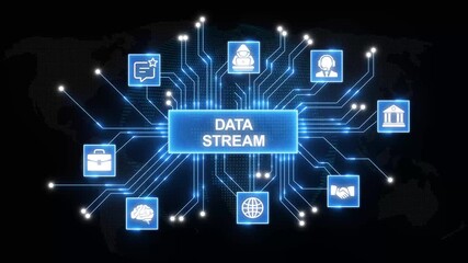 Digital data stream network connecting global finance banking teamwork technology security innovation and achievement icons on a futuristic circuit board background - Powered by Adobe