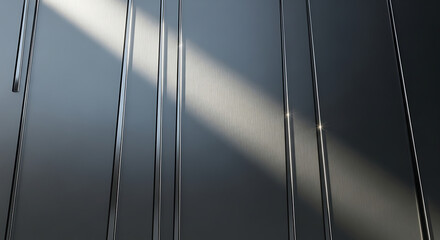 Close-up of a dark metallic surface with vertical lines and a diagonal beam of light casting a shadow.