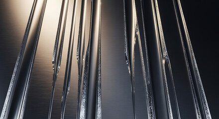 Close-up of multiple metallic rods with reflective surfaces arranged vertically against a dark background with a light source from the top left.
