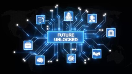 Futuristic digital network connecting global business finance technology innovation success security and teamwork with glowing earth background and circuit board elements