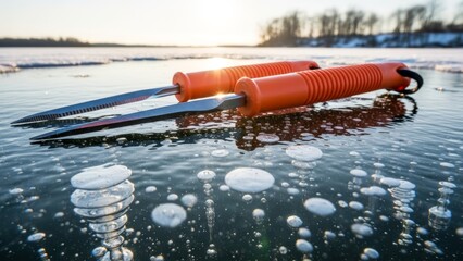 Two orange ice safety picks on a frozen lake with trapped bubbles and a sunset.