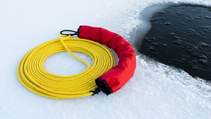 Yellow coiled rope with red flotation device next to a dark hole in the ice, used for winter safety or rescue.
