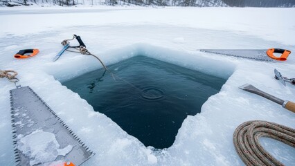 A square hole cut into a frozen lake, surrounded by ice-cutting tools, ready for winter fishing or ice swimming.